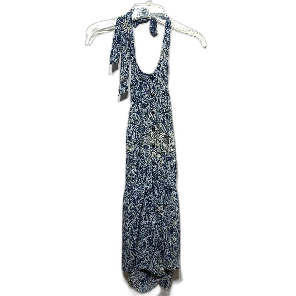 Intermix Romper Women sz Large 100% Silk Halter Shorts Blue & Cream Paisley